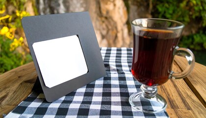 A black picture frame with a blank white interior sits on a checkered tablecloth, alongside a glass of dark beverage, set on a wooden table outdoors.