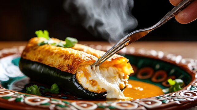 Chili rellenos with stretching melted cheese on fork, golden crispy battered poblano pepper on traditional Mexican ceramic plate with orange sauce