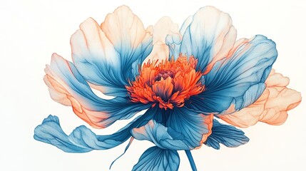 A highly detailed botanical illustration of a peony flower with deep teal petals and a vibrant, fiery orange and blue center. 