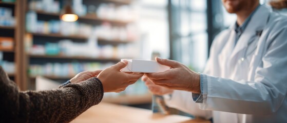 The pharmacist hands over a prescription medication to a patient in a pharmacy setting.