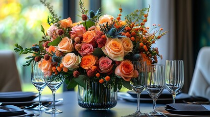 Autumn Flowers Arrangement On Elegant Table Setting In A Home Decor Scene Photography Showcase featuring Floral Design and Wine Glassware and Table Setting In Warm Tones Like Peach Orange Pink and