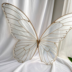 "Delicate butterfly wings beautifully crafted from transparent glass, resting on plain white background, symbolizing fragility, purity, elegance, and transformation"