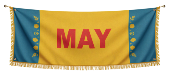 May banner hangs, floral border, event backdrop