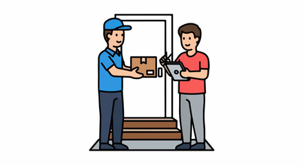 Delivery man handing package to customer at the door.
