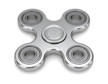 Metallic silver fidget spinner with four rounded arms and ball bearings, isolated on white background with realistic shadow effect