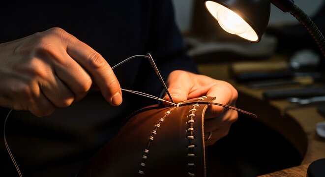 Close up of skilled artisan hands hand stitching rich brown leather with needle and thread in a dimly lit workshop, showcasing traditional craftsmanship.
