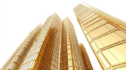3D render of golden modern Skyscraper, isolated on white background