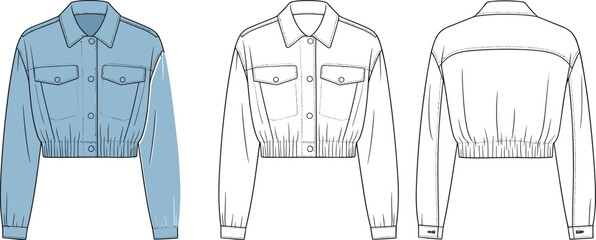 Cad drawing flat vector illustration of women’s cropped jacket, denim style, front and back technical fashion sketch, stylish casual outerwear design.