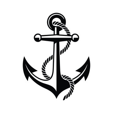 Black and white vector illustration of an anchor with rope