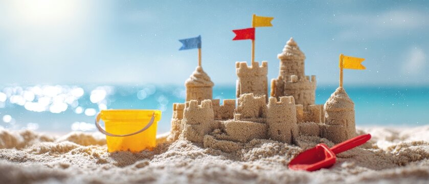 The beautiful sandcastle with colorful flags on a sunny beach.