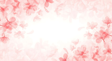 Delicate pink blossoms and petals create a soft, ethereal floral frame against a bright white background, evoking a sense of spring and gentle beauty.