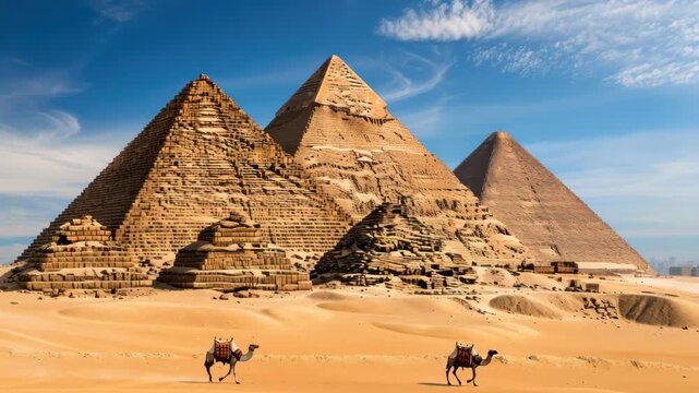 Wide-angle shot of pyramids under a clear sky, with camels in the foreground. Ideal for a travel video showcasing ancient wonders. Live desktop wallpaper.