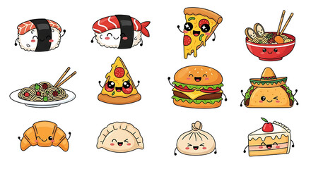 A collection of adorable, anthropomorphic cartoon food items including sushi, pizza, ramen, noodles, burgers, tacos, croissants, dumplings, and cake, all wit...