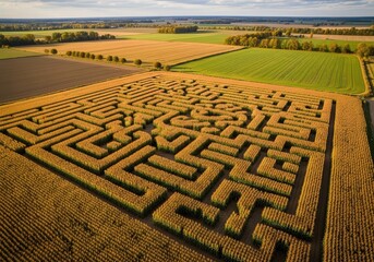 Aerial view of a large corn maze in a golden field during autumn, showcasing intricate patterns and pathways