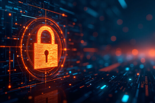 Cyber Security Concept Digital Lock Icon with Technological Binary Background