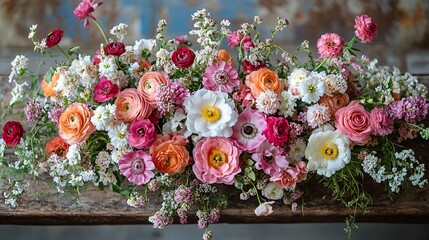 Vibrant Pink Coral White Flower Arrangement on Rustic Wooden Table