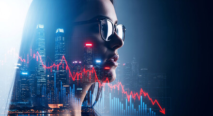 Businesswoman's Perspective on Declining Market Amidst Cityscape, Financial Challenges