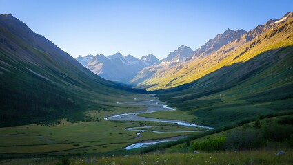 Expansive Alpine Valley Bathed in Golden Morning Sunlight