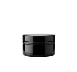 Elegant Black Cosmetic Jar on Black Background for Beauty and Skincare Product Presentation with Copy Space isolated on a transparent background.