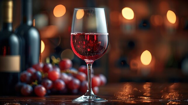 A glass of red liquid with grapes and bottles behind it