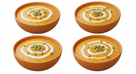 Four bowls of orange soup with creamy topping