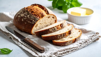 Artisan sourdough bread composition with sliced loaf, butter, and basil garnish