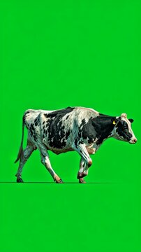 A striking image of a black and white cow walking against a vibrant green background, showcasing its natural grace and beauty.