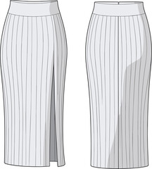 CAD drawing flat vector illustration of women’s pencil skirts, high-waisted design, pleated detail, side slit, back view, stylish fashion sketch, garment layout, clothing template