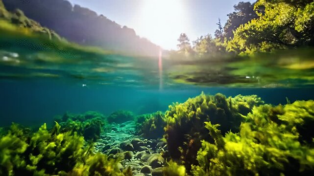 Freshwater algae underwater sunlight