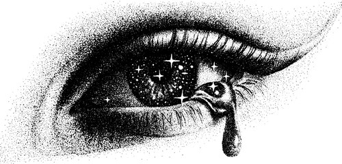 Surreal crying eye with sparkling stars in stipple dotwork art - ideal for tattoos and posters