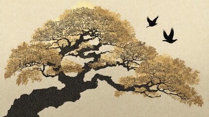 Golden tree and birds against a beige background.