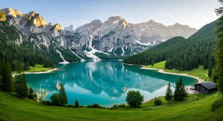 Beautiful valley lake surrounding by mountains and trees