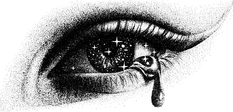 Surreal crying eye with sparkling stars in stipple dotwork art - ideal for tattoos and posters