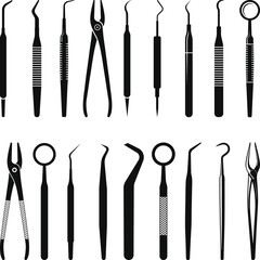 Dental Instruments Silhouette Collection, orthodontic, dental implant tools svg, dental mirror, probe, college tweezer, dental scaler icons