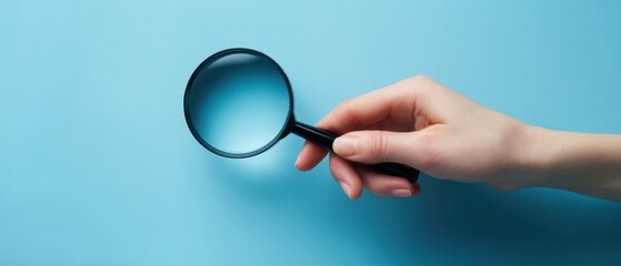 The hand holding a magnifying glass against a blue background.