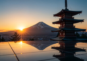 Mount Fuji Sunset with Japanese Pagoda Silhouette, Cinematic HDR View