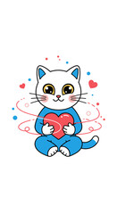 Obraz premium Adorable kawaii kitten holding a big red heart surrounded by swirling pink and blue lines and tiny hearts conveying affection and love