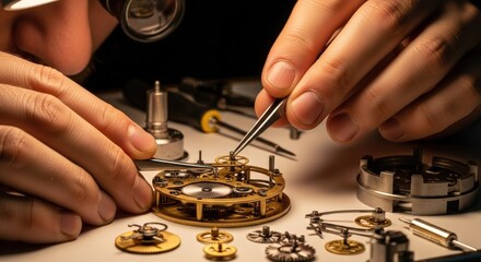Closeup of a watchmakers hands meticulously assembling a mechanical watch movement with precision tools