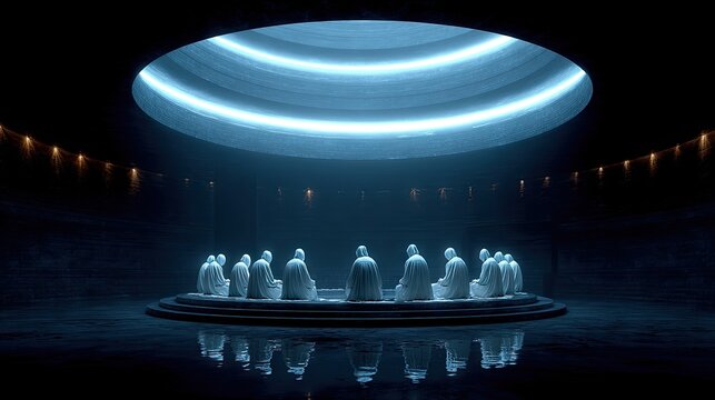 Avatars Attend Virtual Conference in Futuristic Blue Lit Room