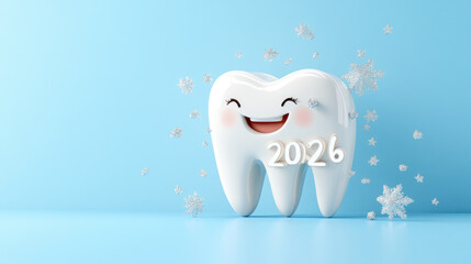 Anthropomorphic tooth wearing a Santa Claus hat celebrating New Year 2026, promoting dental clinic and healthcare in a festive and joyful way. Copy space. Banner