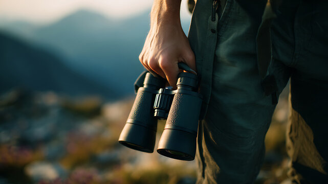 Holding Binoculars in the Warm Glow of a Mountain Sunrise