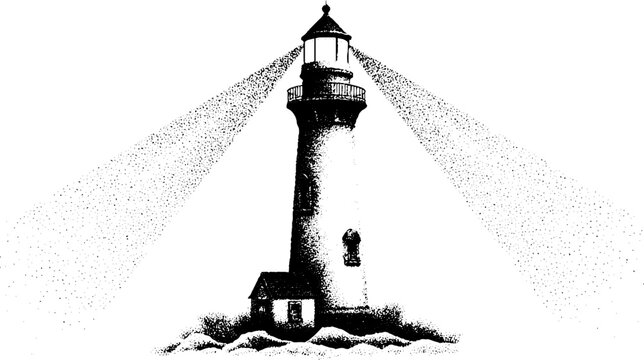 Lighthouse stippling dotwork illustration with vintage halftone effect for nautical design