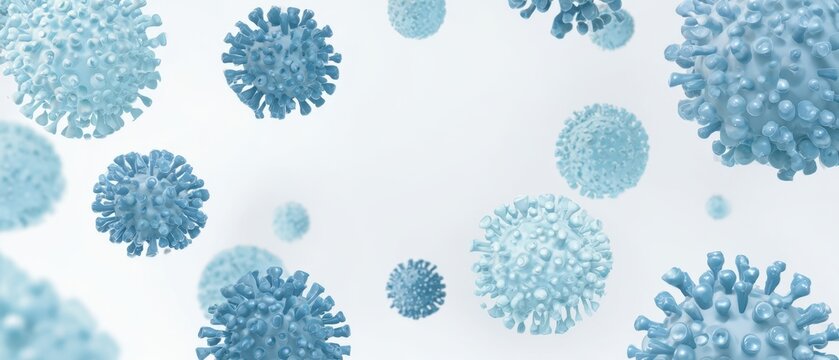 The vibrant microscopic view of floating virus particles in a blue hue.