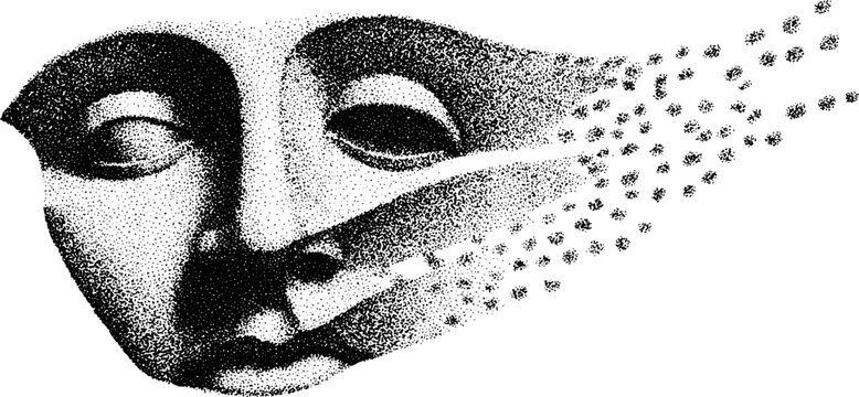 Intricate stipple and dotwork illustration of a mayan mask for artistic design