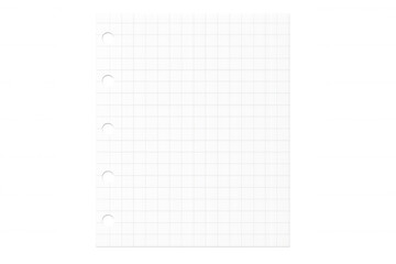 Squared paper sheet on transparent background with holes for binder, ideal for notes, lists or drawings