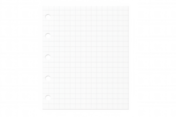 Squared paper sheet on transparent background with holes for binder, ideal for notes, lists or drawings
