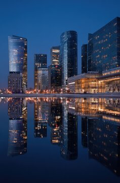 City skyline at twilight, reflected in calm water