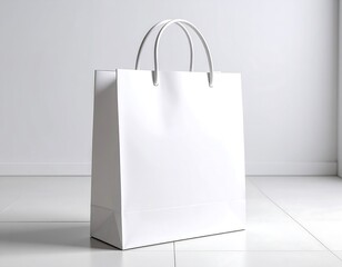 Empty White Shopping Bag on White Floor.