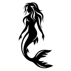 Silhouette of a Mermaid with Flowing Hair and Fish Tail