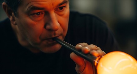 Focused glassblowing craftsman meticulously shaping hot molten glass with a blowing pipe in a traditional workshop